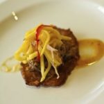 Mango All Spice Brined Pasture Prime Pork, Mango Arbol BBQ, Pickled Mango, Tostone