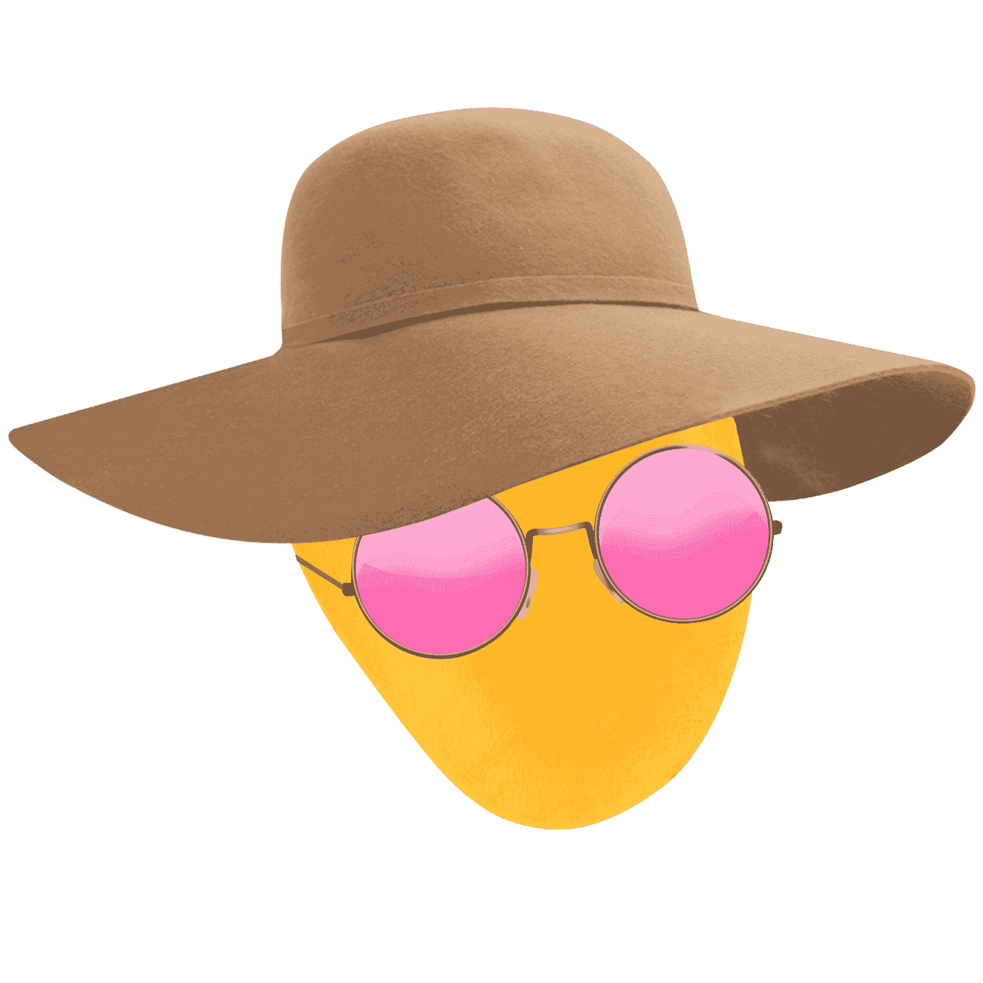 A mango wearing pink round sunglasses and a wide-brim hat